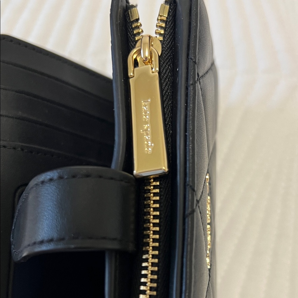 kate spade Quilted Black Leather Compact Wallet with Gold Logo - Picture 7 of 9